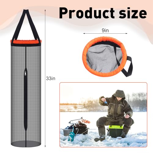 Soulchen Large Fish Bucket for Caught Fish 33 Inches Portable Collapsible Nylon Fishing Live Wells Big Floating Fishing Net Basket for Live Baits Holder