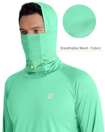 Roadbox UPF 50+ Men's Hooded Fishing Shirts, Long Sleeve UV Sun Protection Hoodie Hiking Running Swim Rash Guard with Mask - color: Mint Green, size: Small
