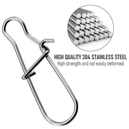 Alownder 100-Pack Fishing Snaps Duo Lock Snaps Kit, 37-183LB Stainless Steel Lure Snap Speed Quick Change Clips, 1-8# High Strength Fast Snap Swivels Hooks Lures Connector Set Freshwater Saltwater