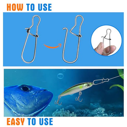 100PCS Size 0-8 Stainless Steel Duo Lock Snap Clip Swivel Lure Snaps Fishing Clips Swivels Fishing Tackle Kit Fishing Snaps Clip High Strength Fishing Gear Hooked Snap - size: #7-155lb-100PCS