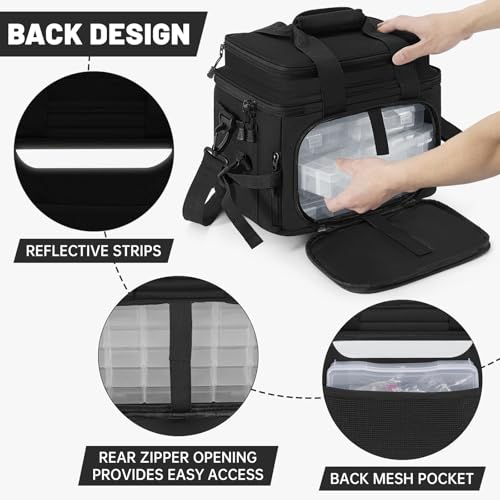 Fishing Tackle Bags with 4 * 3600 Tackle Boxes - Saltwater & Freshwater Compatible, Water Resistant & Durable Fishing Bags with Padded Shoulder Strap-Pliers and Gear Storage (Black) - color: Black, style: With 4 Tackle Boxes