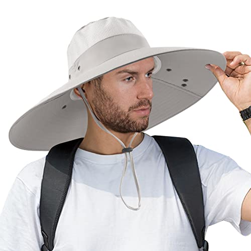 Super Wide Brim Fishing Hat UPF 50+ Sun Safari Hat with Removable Neck Face Flap - color: Light Grey