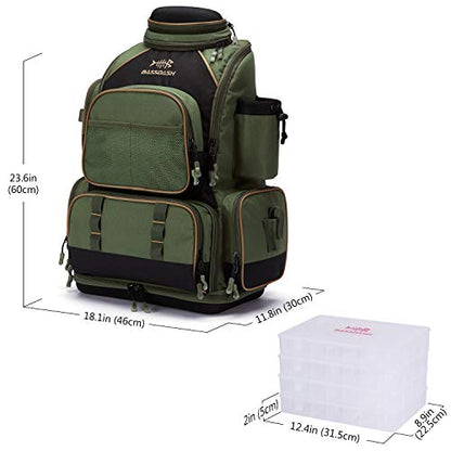 BASSDASH Fishing Tackle Backpack Water Resistant Tactical Bag Soft Tackle Box with Rod Holder and Protective Rain Cover - color: Green Backpack [3670] With 4 Trays
