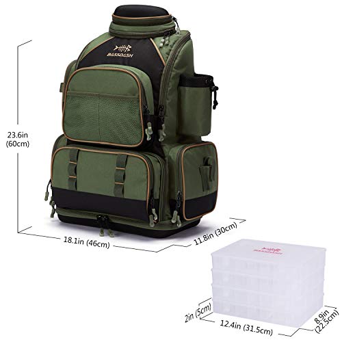 BASSDASH Fishing Tackle Backpack Water Resistant Tactical Bag Soft Tackle Box with Rod Holder and Protective Rain Cover - color: Green Backpack [3670] With 4 Trays