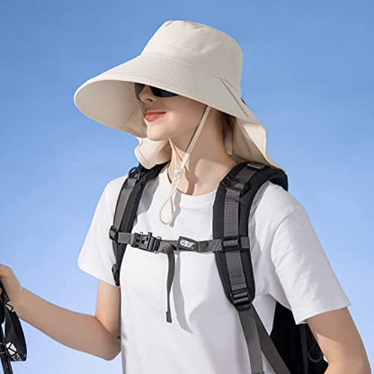 HUAMULAN Men Summer Sun Hat Women Safari Wide Brim Fishing Hats UV Protection Neck Flap Bucket Gardening Hiking Hunting Cap - color: Bg8112-beige