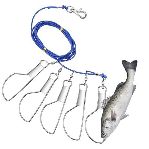 6.5FT Fish Stringer, 5 Stainless Steel Snap Locks, Heavy Duty Ground Anchor, Portable Fishing Stringer for Trout, Perch