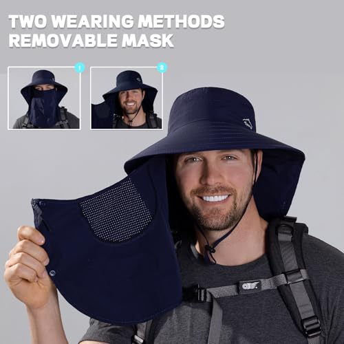 Rosoz Sun Hat for Men Women with Neck Flap,Wide Brim UPF50+ Fishing Hat with Detachable Face Cover Outdoor Sun Protection Hat - color: 1pack-dark Blue