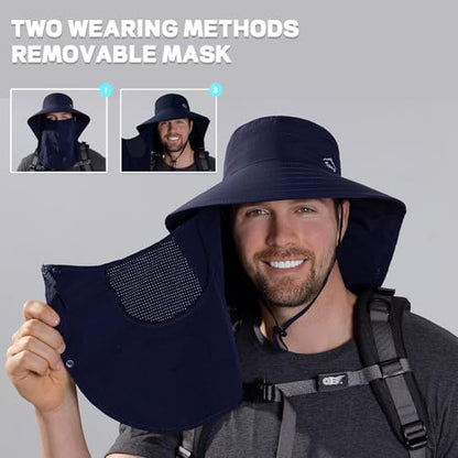 Rosoz Sun Hat for Men Women with Neck Flap,Wide Brim UPF50+ Fishing Hat with Detachable Face Cover Outdoor Sun Protection Hat - color: 1pack-dark Blue