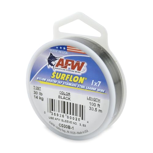 American Fishing Wire Surflon Nylon Coated 1x7 Stainless Steel Wire Leader - Wire Fishing Leader Line for Saltwater 10lb Up To 250lb Test in Bright, Black, Camo in 30ft, 100ft, 300ft, & 1000ft Lengths - color: Black, style: 100 Feet, 30 Pound Test