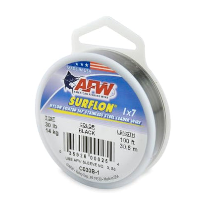 American Fishing Wire Surflon Nylon Coated 1x7 Stainless Steel Wire Leader - Wire Fishing Leader Line for Saltwater 10lb Up To 250lb Test in Bright, Black, Camo in 30ft, 100ft, 300ft, & 1000ft Lengths - color: Black, style: 100 Feet, 30 Pound Test