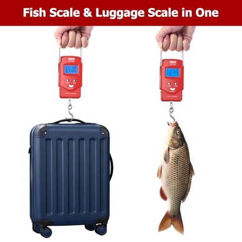 Dr.meter Fish Scale Luggage Scale Fishing Gear - 110lb Backlit LCD Display Digital Scale with Built-in Measuring Tape - Fishing Scale with 2 AAA Batteries, Pocket Size - Fishing Gifts for Men - color: Red