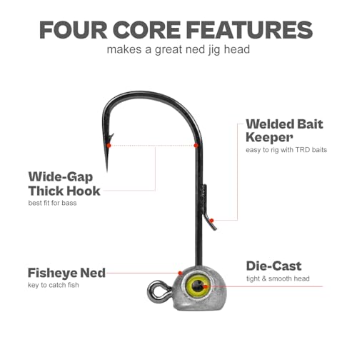 15-Pack Fish Eye Ned Rig Jig Heads with Welded Wire Bait Keeper – 1/16 3/32 1/8 3/16 1/4oz with 2/0 3/0 Hooks, Chartreuse Eyes, Secure Finesse TRD Hookup for Bass Fishing - size: 1/8oz - 15Pack