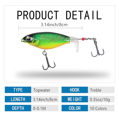 10PCS Top Water Fishing Lures Whopper Fishing Lure for Bass, Popper Fishing Lures with Floating Rotating Tail One Luminous Saltwater and Freshwater Plopping Lures for Bass