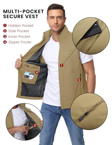 Eisctnd Mens Lightweight Quick Dry Vest Sleeveless Outdwear Utility Jacket | Utility Sleeveless Vest with Multi Pockets, Outerwear Hiking Fishing Photography Camping Travel Outdoor - color: Khaki, size: Medium