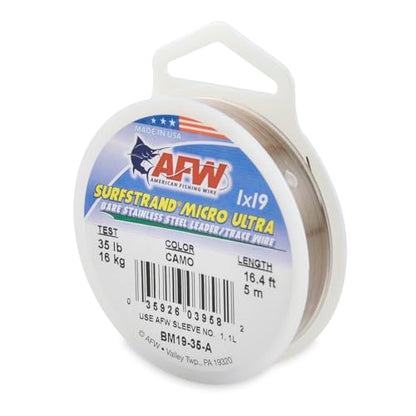 American Fishing Wire Surfstrand Micro Ultra Bare 1x19 Stainless Steel Leader Wire - Fishing Leader Line for Saltwater, 6.6lb Test - 61lb Test, Camo Color, 5m Length - style: 35 Lb / 5 M