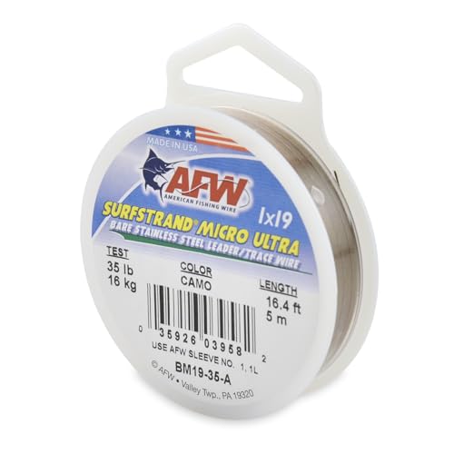 American Fishing Wire Surfstrand Micro Ultra Bare 1x19 Stainless Steel Leader Wire - Fishing Leader Line for Saltwater, 6.6lb Test - 61lb Test, Camo Color, 5m Length - style: 35 Lb / 5 M