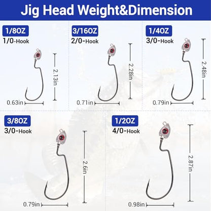 Vivid Fish Eyes Swimbait Jig Heads for Fishing, 15Pcs Swing Bass Jigheads Lifelike Weedless Jig Heads for Ned Rig or Texas Rig 1/8 3/16 1/4 3/8 1/2oz - size: 1/2oz-4/0, 15Pcs