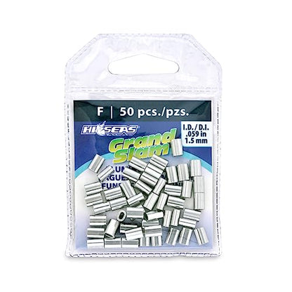 HI-SEAS Grand Slam Aluminum Fishing Line Crimp Sleeves - Retail Pack, Durable and Strong Crimps for Monofilament 40lb Test up to 600lb Test for Saltwater Fishing Leaders - style: 50 Pc/1.5 Mm Inside Diameter