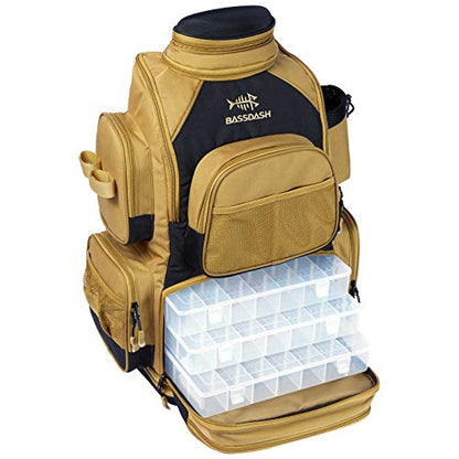 BASSDASH Fishing Tackle Backpack Water Resistant Tactical Bag Soft Tackle Box with Rod Holder and Protective Rain Cover - color: British Khaki Backpack [3670] With 4 Trays