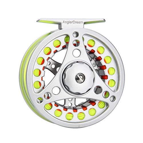 (1/2WT 3/4WT 5/6WT 7/8WT) Fly Reel with Line Combo Aluminum Alloy Large Arbor Fly Fishing Reels Weight Forward Fly Line with Braided Backing Taper Leader Pre-Tied - color: Silver Reel&Fluo Yellow Line(Pre-load), size: 5/6 WT Reel+Line