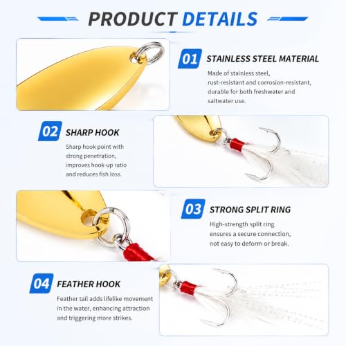 5Pcs Fishing Lures Fishing Spoons,Metal Fishing Spoons Lure with Feather Treble Hooks, Casting Spinner Baits for Trout Bass Salmon Freshwater Saltwater Fishing - color: 5PCS(Gold)