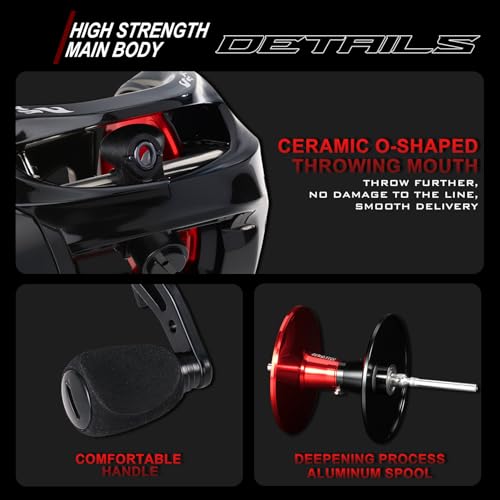 Sougayilang Cool Low Profile Baitcaster Reel - 300 Size, 7.2:1 Gear Ratio, 16lbs Max Drag, Ultra Smooth for Catfish, Musky, Bass - color: Red-LXC300 Right Handed