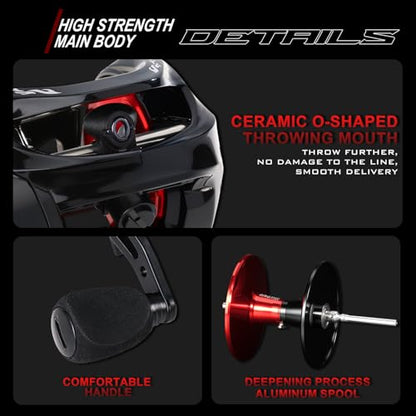 Sougayilang Cool Low Profile Baitcaster Reel - 300 Size, 7.2:1 Gear Ratio, 16lbs Max Drag, Ultra Smooth for Catfish, Musky, Bass - color: Red-LXC300 Right Handed