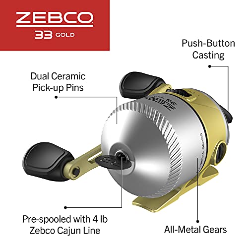 Zebco 33 Gold Spincast Fishing Reel, Changeable Right or Left-Hand Retrieve, All-Metal Gears, Pre-Spooled with Zebco Cajun Fishing Line - size: 10 (Clam Packaging), style: 33 Gold Micro (Clam Pack)