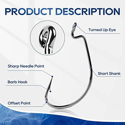 UCEC Fishing Hooks Offset Shank Worm Hooks Extra Wide Gap 2X Strong Carbon Steel Bait Jig for Bass Fishing Trout Catfish Saltwater Freshwater 1/0 2/0 3/0 4/0 5/0 30pcs/Box - size: 5/0 30pcs