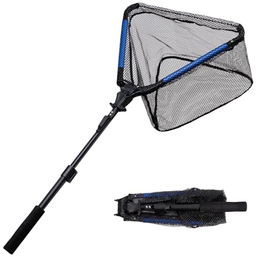 Tripquips Upgraded Foldable Floating Fishing Net, Rubber Coated Foldable Landing Net with Telescoping Pole Handle, Fishing Gear and Gifts for Men