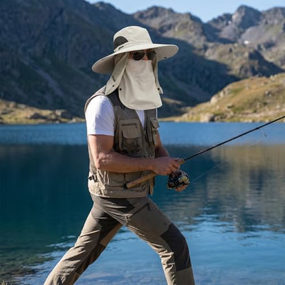 Fishing Hat for Men, UPF 50+ Removable Sun Protection Cap with Face Neck Flap, Hiking & Garden Summer Sun Hat for Women (US, Alpha, One Size, Khaki)