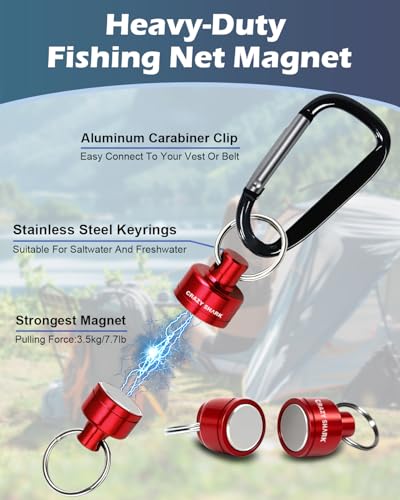 Magnetic Net Release for Fly Fishing, Aluminum Magnetic Quick Release Keychain, Fly Fishing Net Magnet Holder Retractor with Carabiner - color: RED-2PC