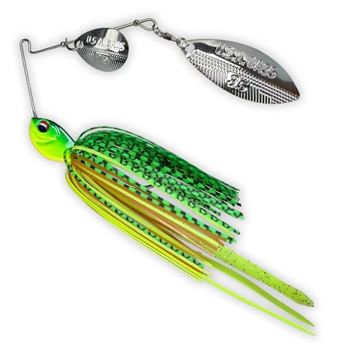 USA BASS Tackle Apache Attack Spinnerbait Type II Largemouth Smallmouth Spotted Bass Premium Fishing Bait Handtied Skirt Custom Blades Heavy Duty Hook New for 2025 - color: Fire Tiger, size: 1/2oz - Willow/Colorado
