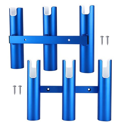 NovelBee 2pcs 3 Tube Fishing Rod Holders for Boat,Aluminium Rod Holders with Screws - color: Blue & White