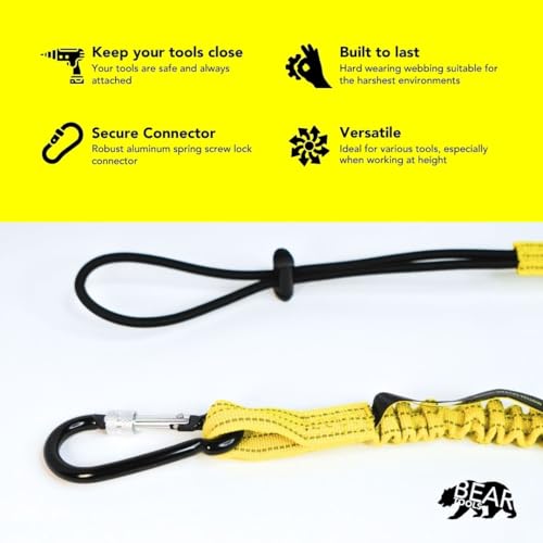 BearTOOLS Tool Lanyard with Buckle Strap – Clip Bungee Cord – Heavy Duty Screw Locking Connector – Fall Protection and Safety – Adjustable Loop End – Tough Tether – Construction - 09250YS (50 Pack) - size: 50-pack