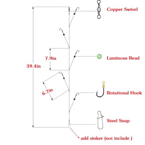 Fishing Hook with Leader,5 Hooks Fishing Rig-7 Strands Nylon Coated Fishing Leader with Swivle,Snap,Hooks - size: 14#