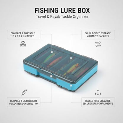 Double-Sided Fishing Lure Box, Slim PU Leather Tackle Organizer for Kayak & Travel, 13 x 3.3 x 1.6 Inches - color: Blue