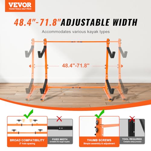VEVOR Kayak Storage Rack, Heavy Duty Adjustable Freestanding Stand with Lockable Wheels for Indoor Outdoor Garage Shed Dock, Holder for Canoe, SUP, Surfboard & Paddleboard - style: Freestanding-2 Kayaks-orange