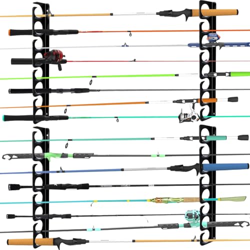 Wall or Ceiling Fishing Rod Storage Rack Vertical Horizontal Holder with 16 Capacity Fishing Rods Reels Mounted Roof Carrier Hooks Hanger for Garage Cabin and Basement Gear Accessories - style: Store 16 Rods