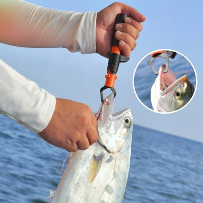 RoundFunny Fish Lip Gripper Pliers, Combo Fishing Tool Kit Stainless Steel Multifunction Hook Remover, Split Ring Pliers with Lanyards Sheath for Fly, Easter Fishing Basket Gift Gear Men Women - color: Orange