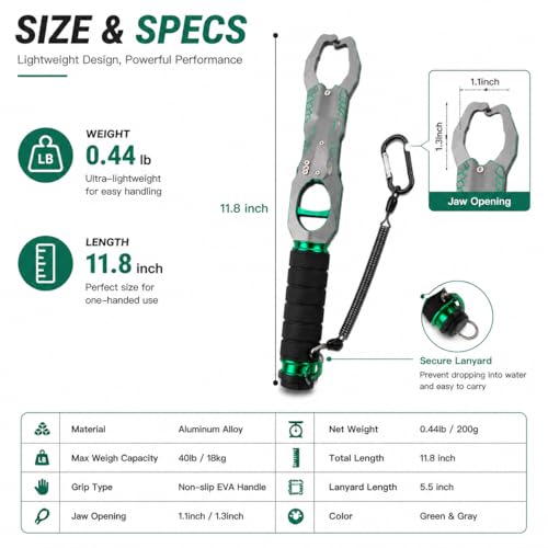 Fishing Lip Gripper, Lightweight Fish Control Grabber for Bass Fishing | Comes with built-in spring scale to weigh catches rapidly. 360° swivel prevents line tangling and fish struggling damage. - color: Green