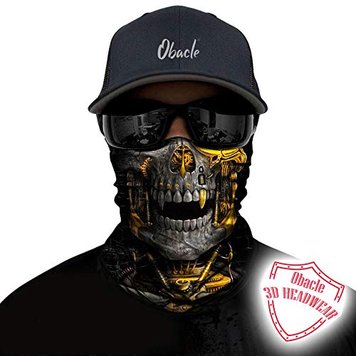 Obacle Neck Gaiter Face Mask Bandana for Dust Wind Sun Protection for Men Women - color: Mechanical Grey-gold Skull