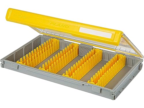 Plano Edge 3700 Vertical Jig & Spybait Box Tackle Storage, Gray and Yellow, Holds Up to 52 Vertical Baits, Rust-Resistant and Waterproof Bait Organizer Box - style: 3700 Standard V Jig Spy