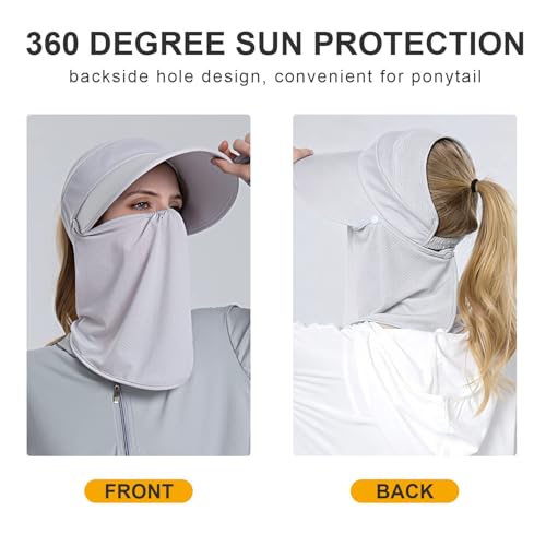 Women Wide Brim Face Mask Sun Hat Detachable Neck Face Flap Ponytail UV Protection Visor Hat Garden Fishing Hiking - color: Bg8094-lightgray