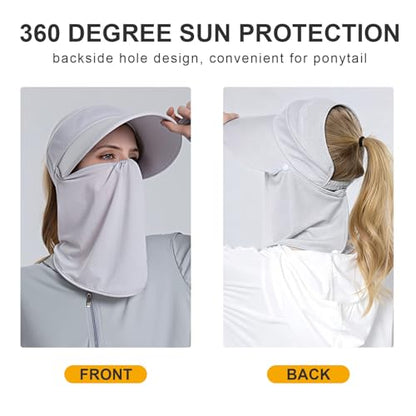 Women Wide Brim Face Mask Sun Hat Detachable Neck Face Flap Ponytail UV Protection Visor Hat Garden Fishing Hiking - color: Bg8094-lightgray