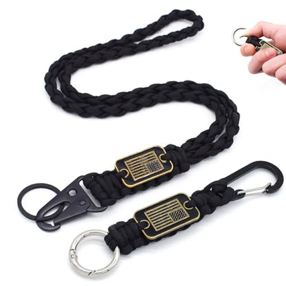 Heavy Duty Braided Paracord Lanyard Keychain with USA Flag, Parachute Rope Necklace Keychains, Braided Strong Lanyard - color: 2 Pcs Black Lanyard