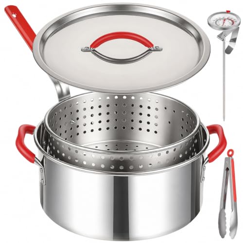 10 QT Stainless Steel Deep Fryer Pot, Complete Set with Basket, Lid, Tongs, and Thermometer, Fish Fryer for Propane and Gas Stoves, Excludes Induction or Electric Cooktops