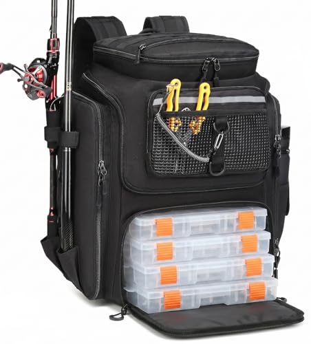 HAMBOLY Fishing Backpack 45L with Rod Holders, Water-Resistant Tackle Backpack for Fishermen, Large Capacity Fishing Gear Bag for Travel Hiking Camping - color: Black (4 Tackle Boxes Included)