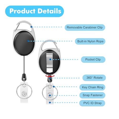 Retractable Badge Holder with Carabiner Reel Clip and Key Ring for ID Card Key Keychain Holders Black 30 Pieces - style: Black-30pcs