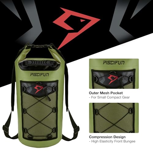Piscifun Fishing Tackle Backpack with Rod Holders & 4 Tackle Boxes,42L Digital Camo Dry Bag, Waterproof Floating bag 10L Green